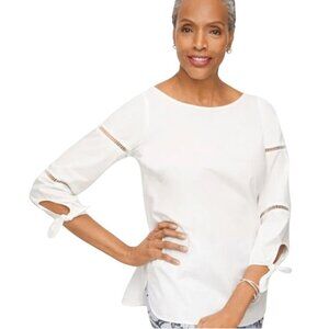 Talbots NWT Crisp White Poplin Cotton Blouse 3/4 Ladder Detail Sleeve Size S